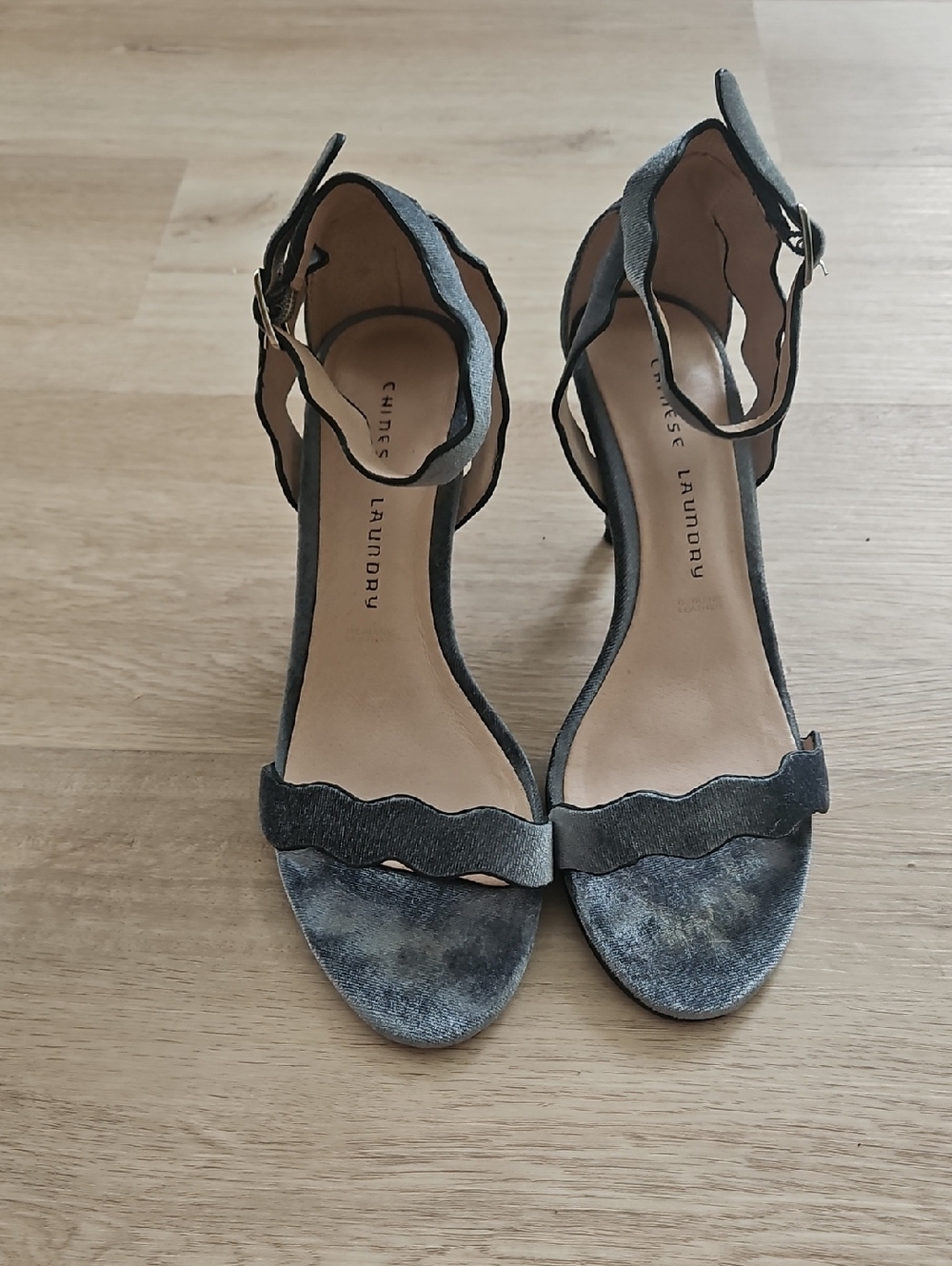 Silver Blue Velvet Scalloped Ankle-Strap Sandal